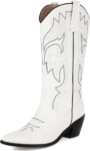 Alsoloveu Women's Mid Calf Cowboy Boots Embroidered Western Boots Snip Toe Chunky Mid Heel Cowgirl Boots Pull on