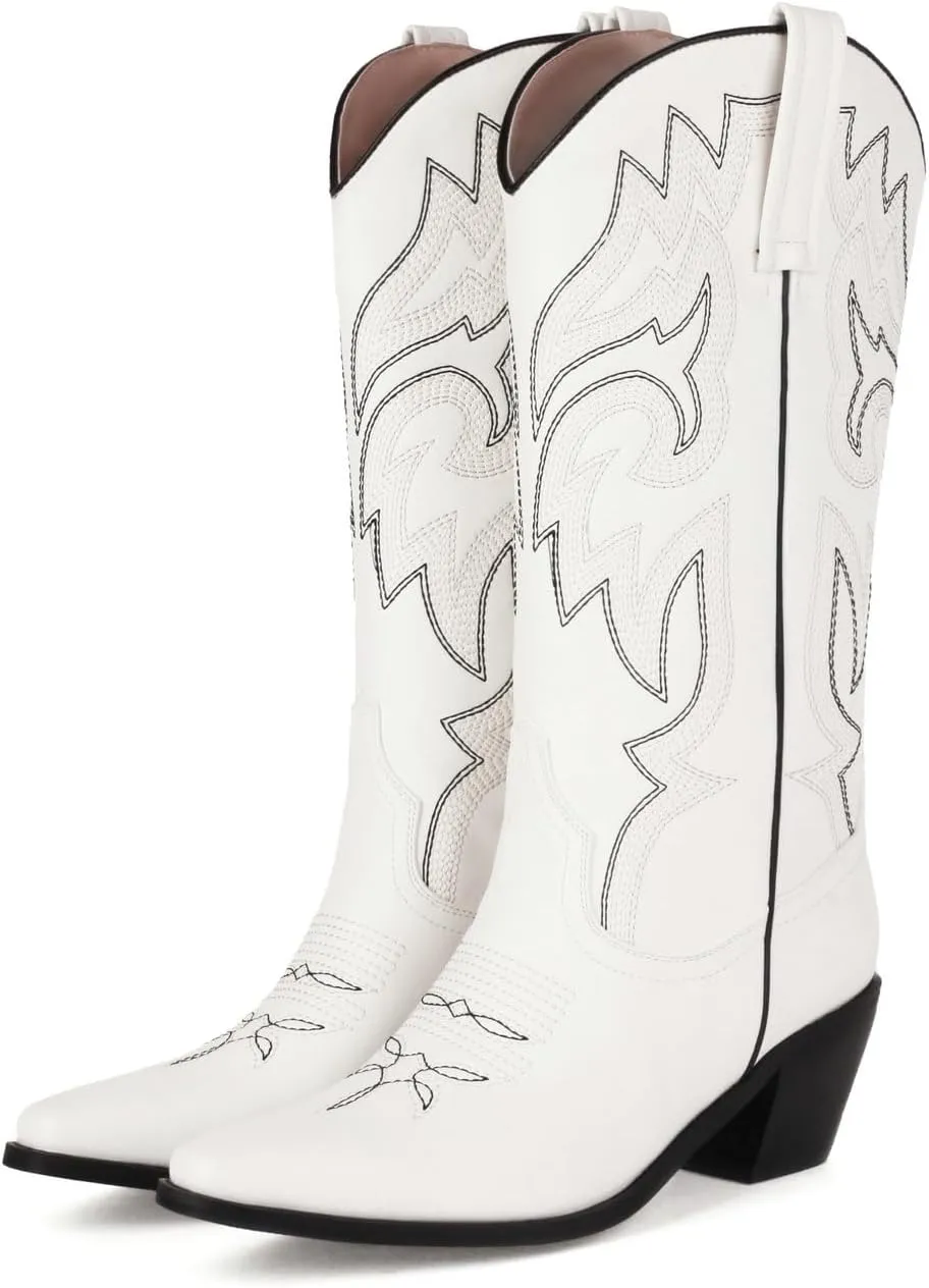 Alsoloveu Women's Mid Calf Cowboy Boots Embroidered Western Boots Snip Toe Chunky Mid Heel Cowgirl Boots Pull on