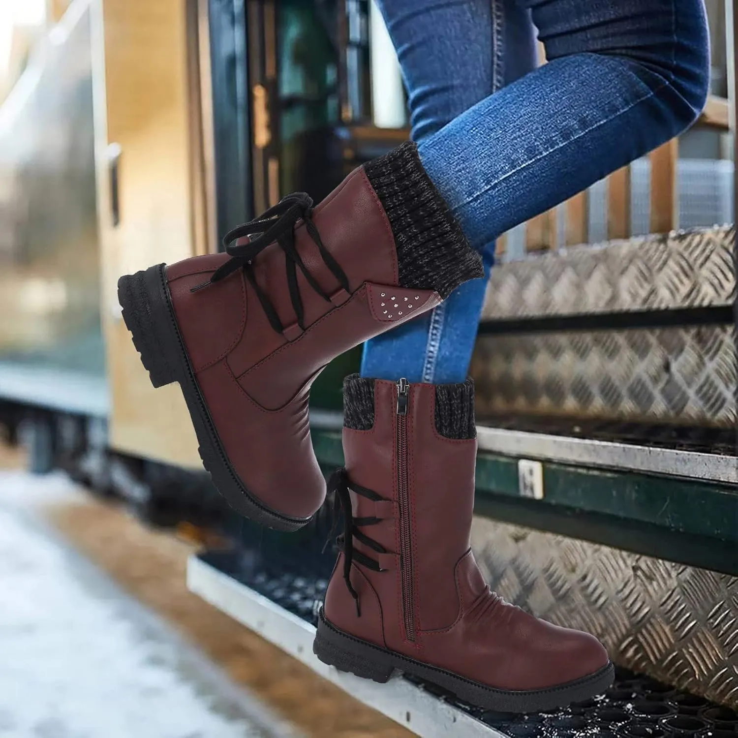 AMDBEL Boots For Women Cowboy Style, Chelsea Boots Women Flower Embroidery Mid Calf Chunky Platform Boots Cowgirls Boots