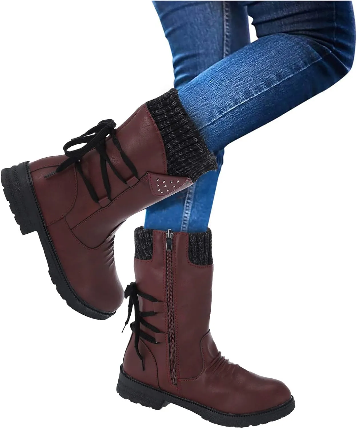 AMDBEL Boots For Women Cowboy Style, Chelsea Boots Women Flower Embroidery Mid Calf Chunky Platform Boots Cowgirls Boots