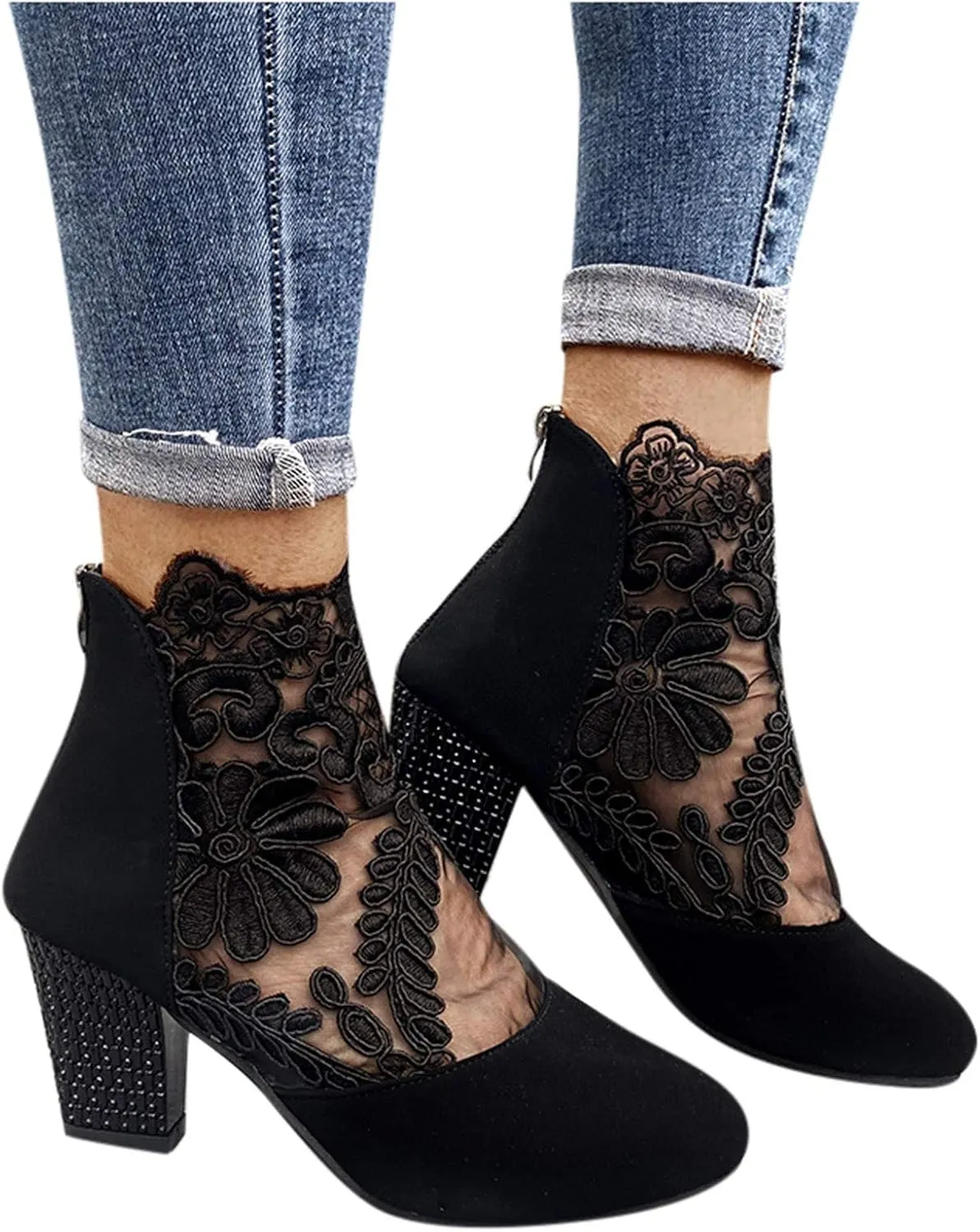 AMDBEL Chunky Heel Boots For Women Dressy Women's Boots Sexy Lace See-Through Boots Casual Breathable Ankle Boots with Heels