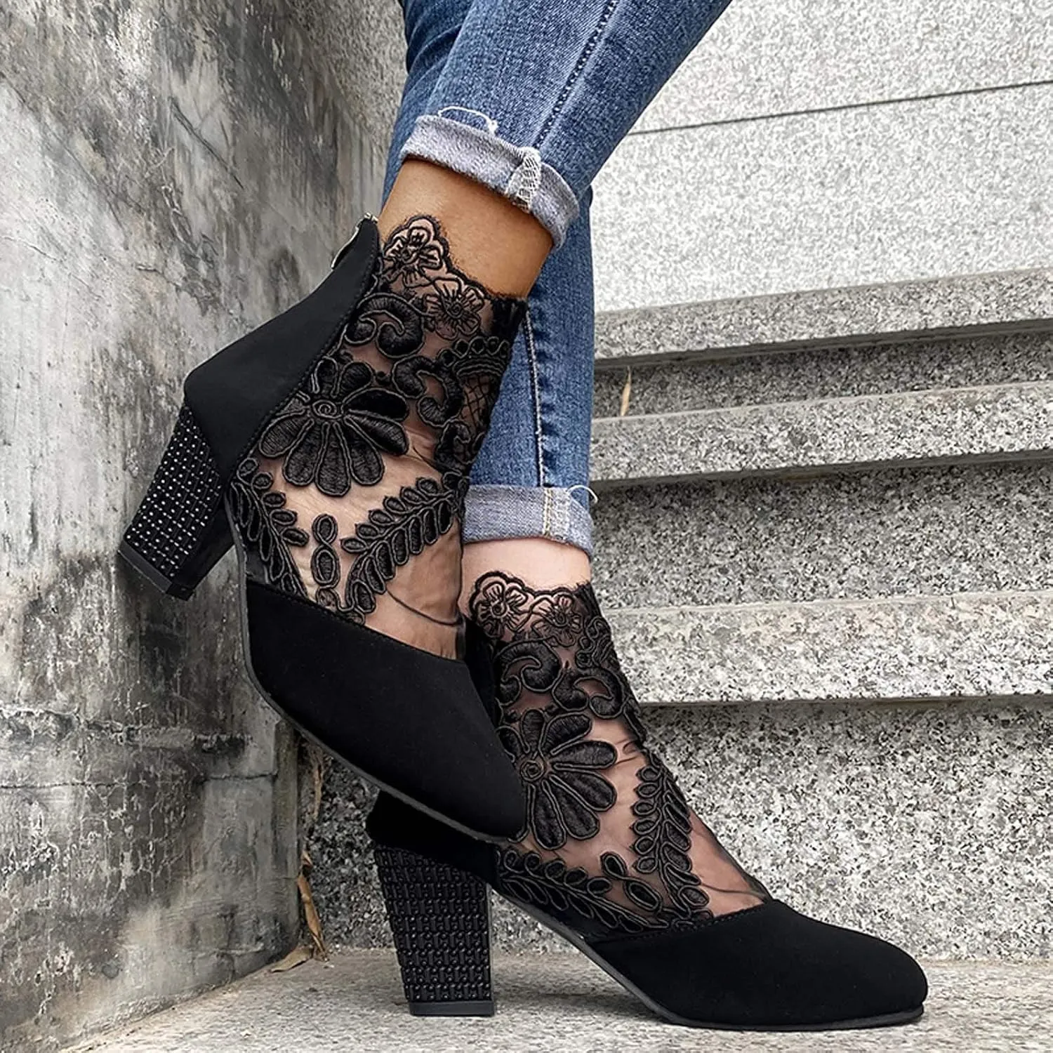 AMDBEL Chunky Heel Boots For Women Dressy Women's Boots Sexy Lace See-Through Boots Casual Breathable Ankle Boots with Heels