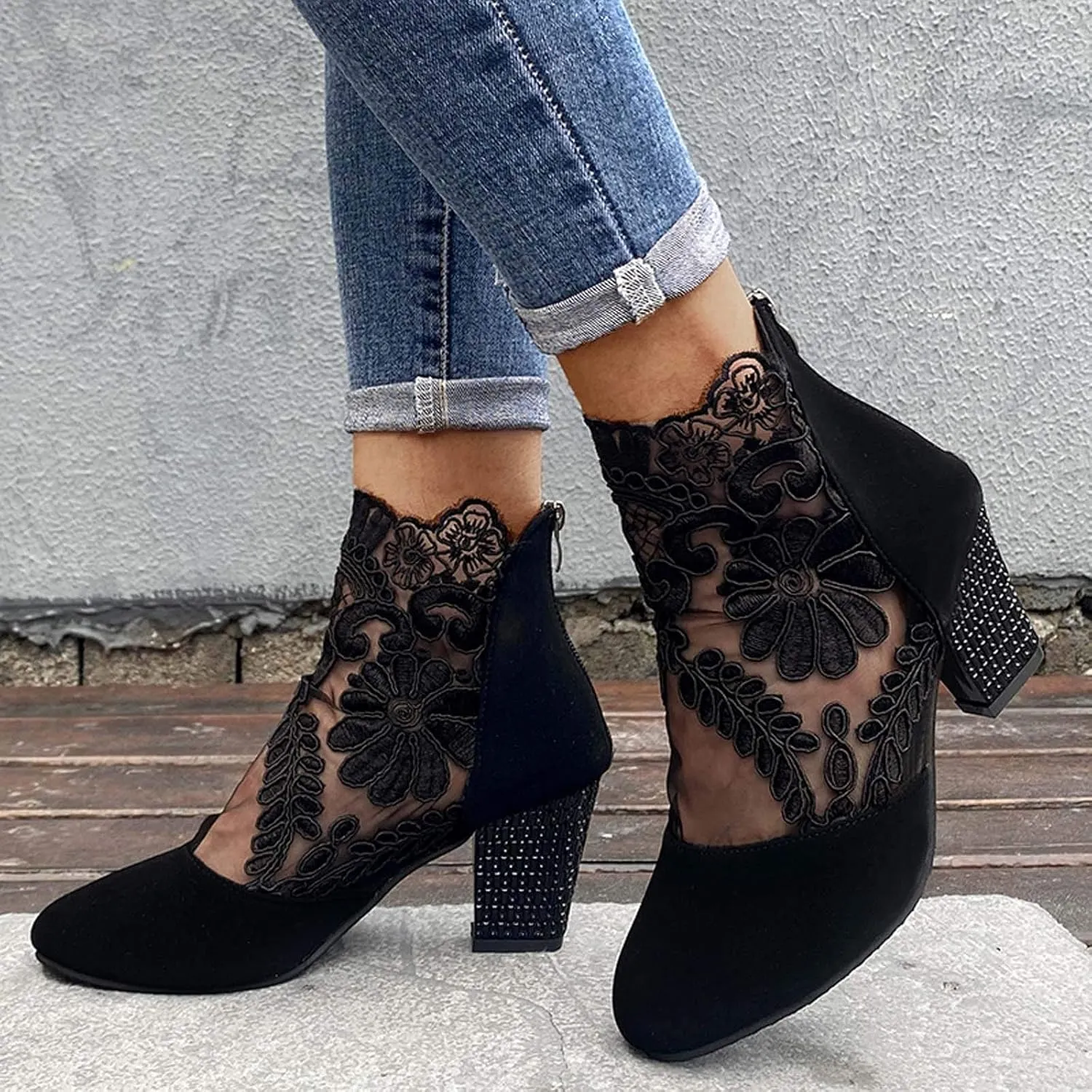 AMDBEL Chunky Heel Boots For Women Dressy Women's Boots Sexy Lace See-Through Boots Casual Breathable Ankle Boots with Heels
