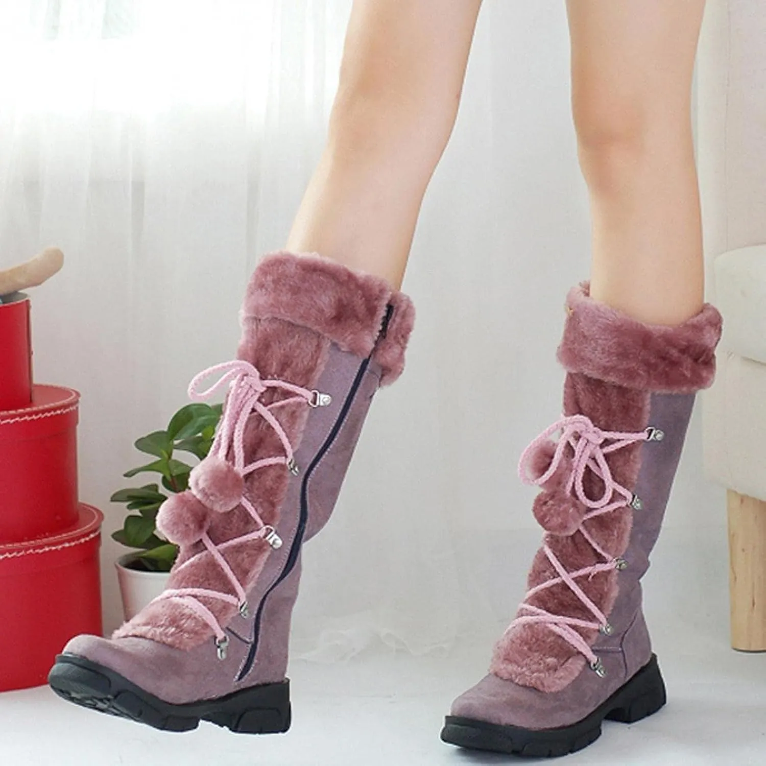 Bcshiye Mid Calf Boots for Women Fully Fur Lining Warm Boots Suede Low Heel Round Toe Slip-on Winter Snow Boots
