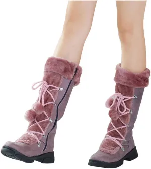 Bcshiye Mid Calf Boots for Women Fully Fur Lining Warm Boots Suede Low Heel Round Toe Slip-on Winter Snow Boots