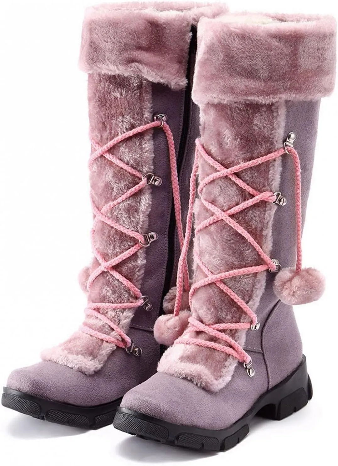 Bcshiye Mid Calf Boots for Women Fully Fur Lining Warm Boots Suede Low Heel Round Toe Slip-on Winter Snow Boots