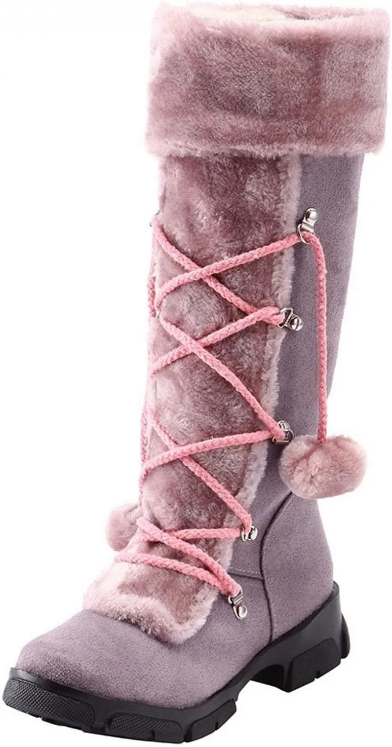 Bcshiye Mid Calf Boots for Women Fully Fur Lining Warm Boots Suede Low Heel Round Toe Slip-on Winter Snow Boots