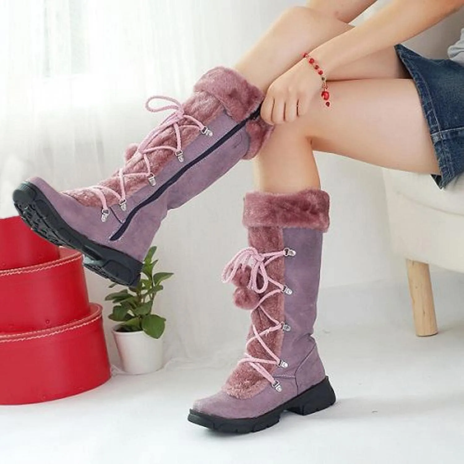 Bcshiye Mid Calf Boots for Women Fully Fur Lining Warm Boots Suede Low Heel Round Toe Slip-on Winter Snow Boots
