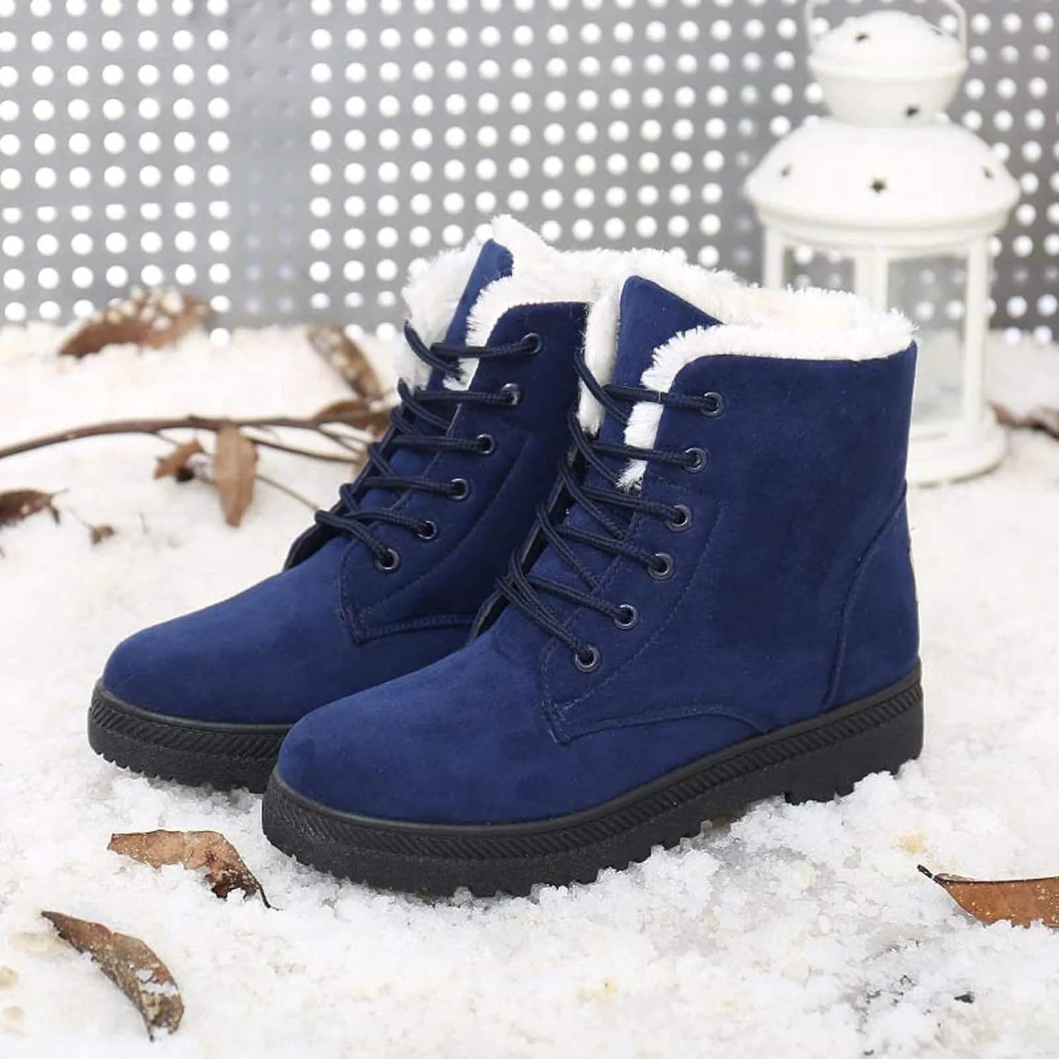 Bcshiye Women's Winter Snow Boots Outdoor Anti-Slip Ankle Boots Suede Warm Fur Lined Booties Lace Up Flat Platform Shoes