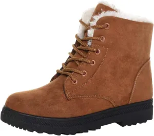 Bcshiye Women's Winter Snow Boots Outdoor Anti-Slip Ankle Boots Suede Warm Fur Lined Booties Lace Up Flat Platform Shoes