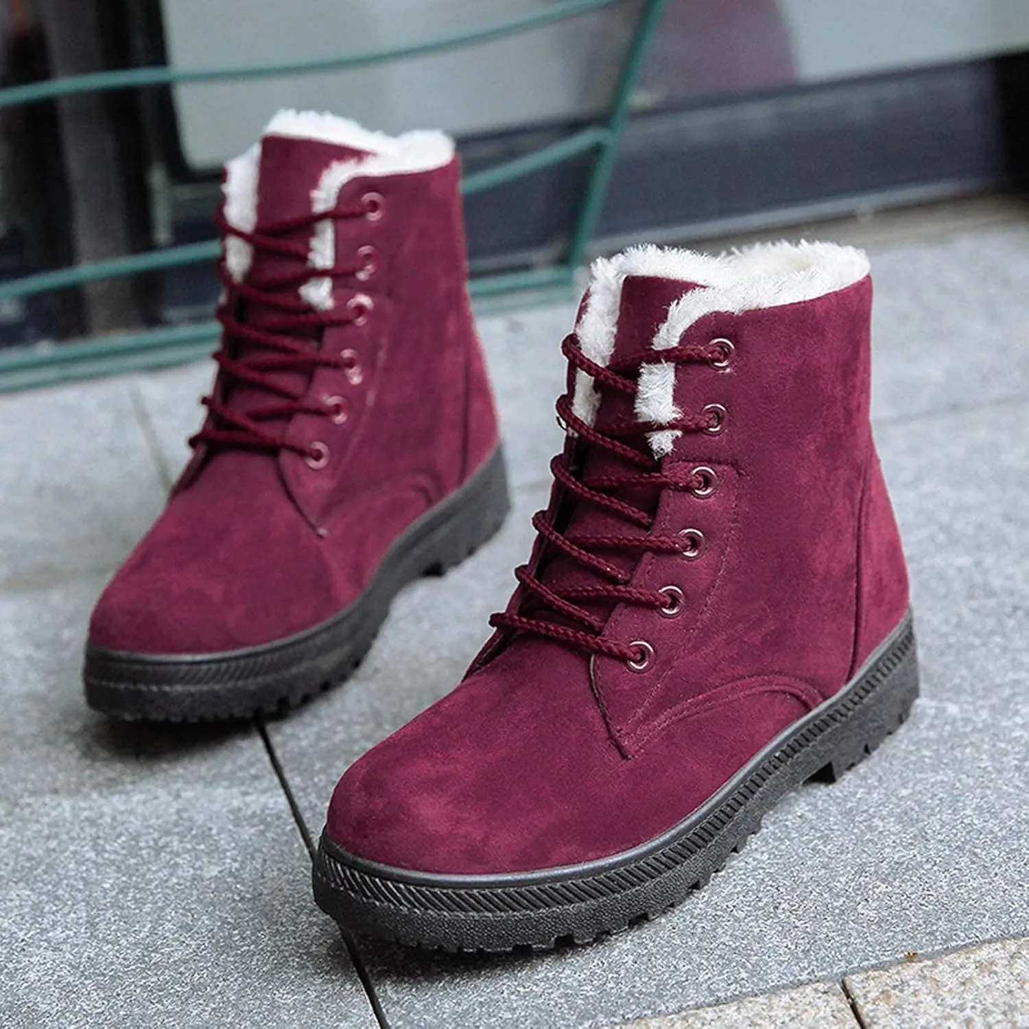Bcshiye Women's Winter Snow Boots Outdoor Anti-Slip Ankle Boots Suede Warm Fur Lined Booties Lace Up Flat Platform Shoes