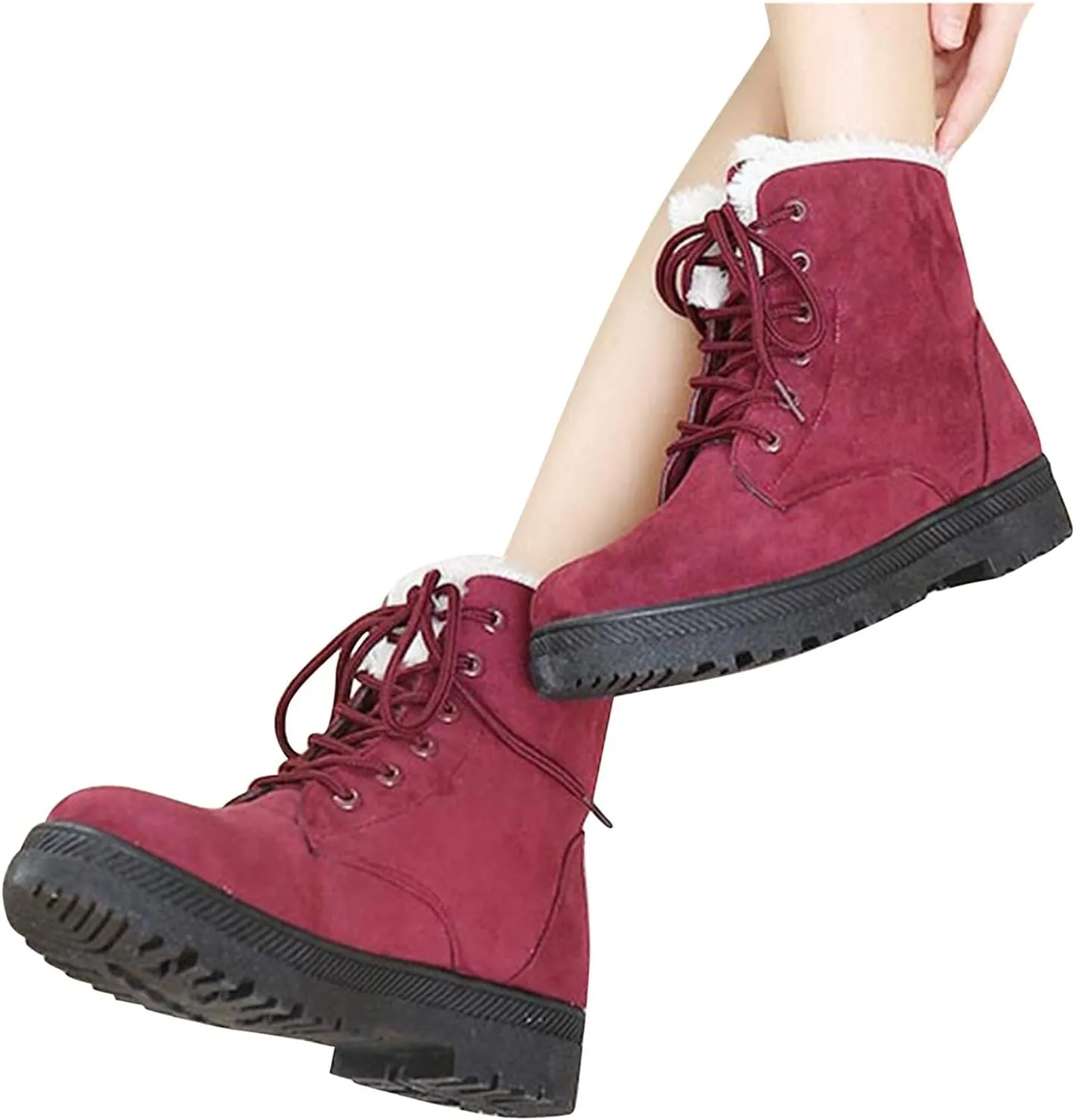 Bcshiye Women's Winter Snow Boots Outdoor Anti-Slip Ankle Boots Suede Warm Fur Lined Booties Lace Up Flat Platform Shoes