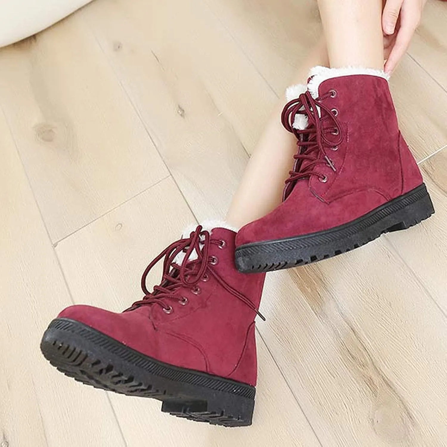 Bcshiye Women's Winter Snow Boots Outdoor Anti-Slip Ankle Boots Suede Warm Fur Lined Booties Lace Up Flat Platform Shoes