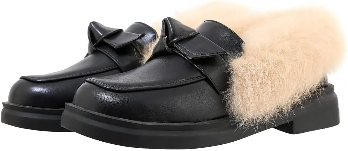 Betastella Women's Low Heel Fur Loafers Platform Chunky Pull On Pumps with Bow