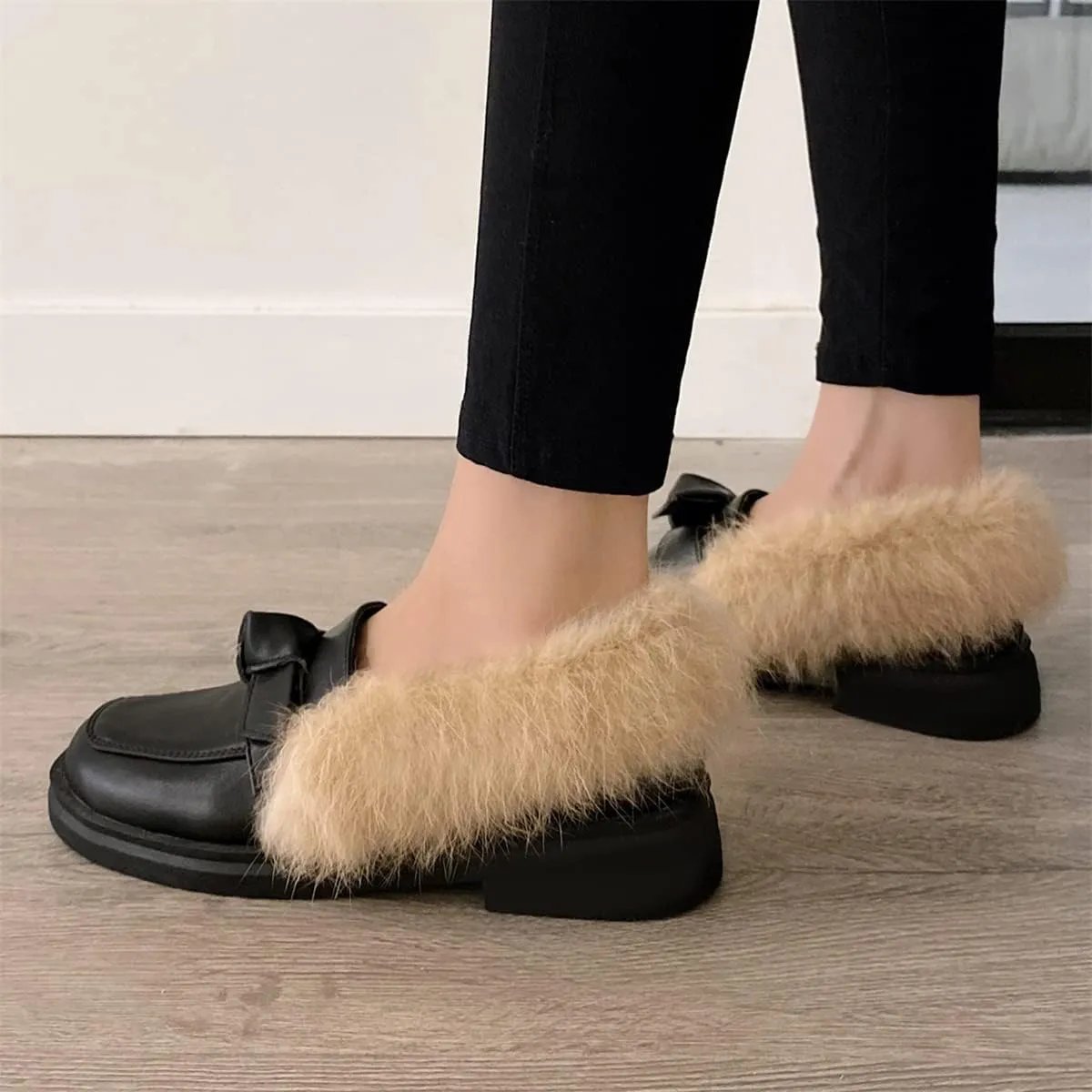 Betastella Women's Low Heel Fur Loafers Platform Chunky Pull On Pumps with Bow