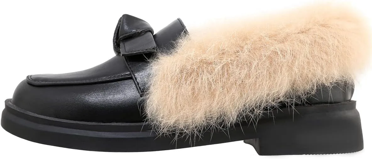 Betastella Women's Low Heel Fur Loafers Platform Chunky Pull On Pumps with Bow