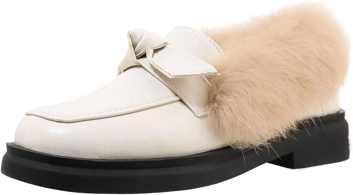 Betastella Women's Low Heel Fur Loafers Platform Chunky Pull On Pumps with Bow