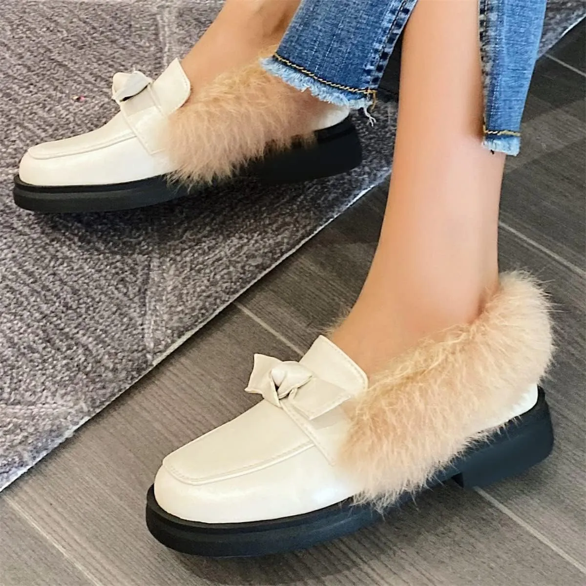 Betastella Women's Low Heel Fur Loafers Platform Chunky Pull On Pumps with Bow