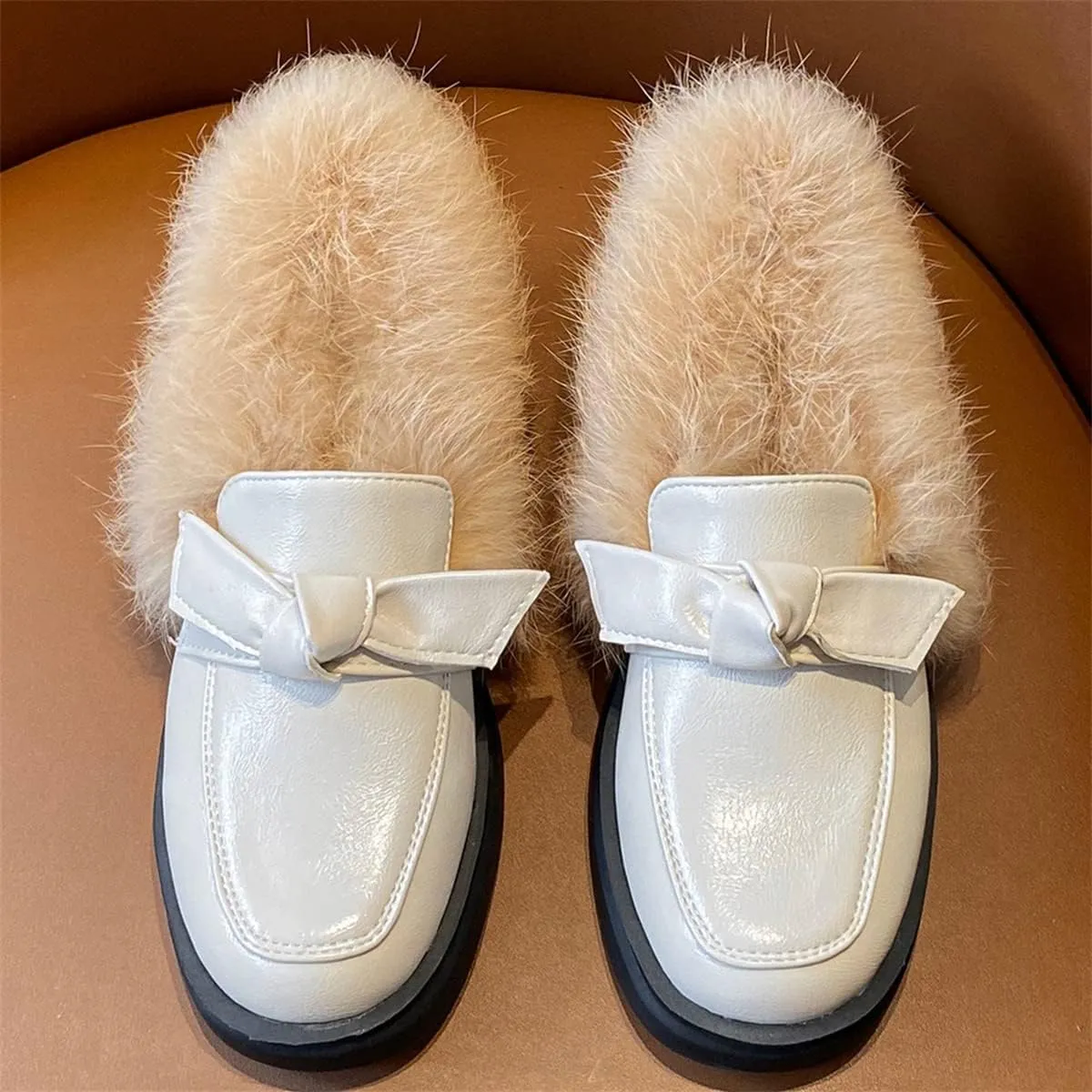 Betastella Women's Low Heel Fur Loafers Platform Chunky Pull On Pumps with Bow
