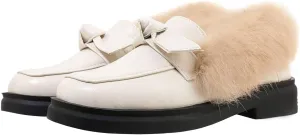 Betastella Women's Low Heel Fur Loafers Platform Chunky Pull On Pumps with Bow
