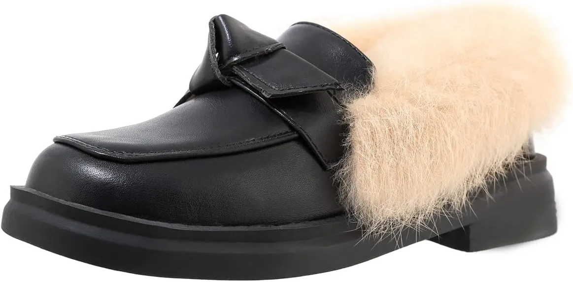 Betastella Women's Low Heel Fur Loafers Platform Chunky Pull On Pumps with Bow