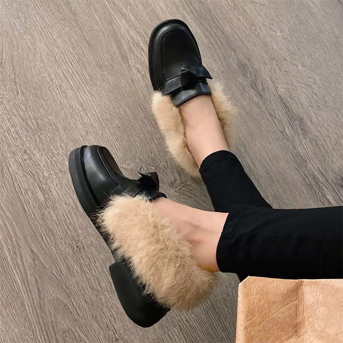 Betastella Women's Low Heel Fur Loafers Platform Chunky Pull On Pumps with Bow
