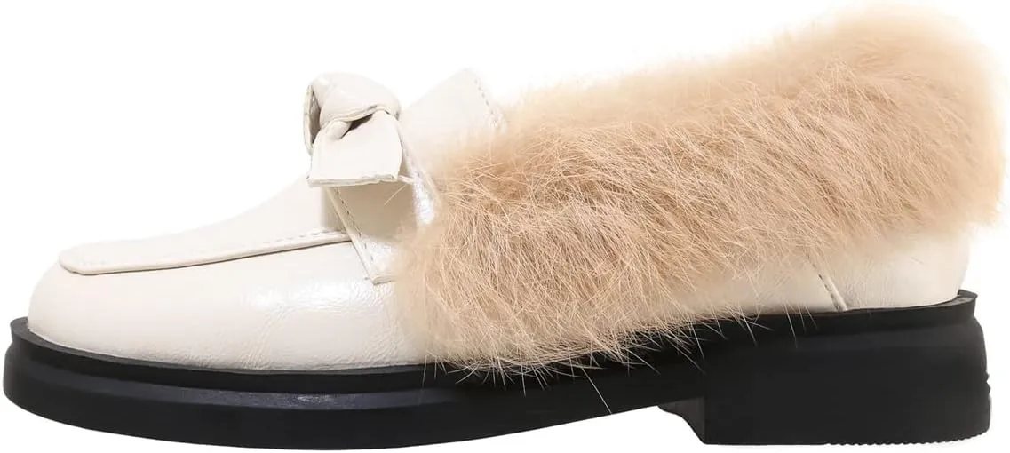 Betastella Women's Low Heel Fur Loafers Platform Chunky Pull On Pumps with Bow