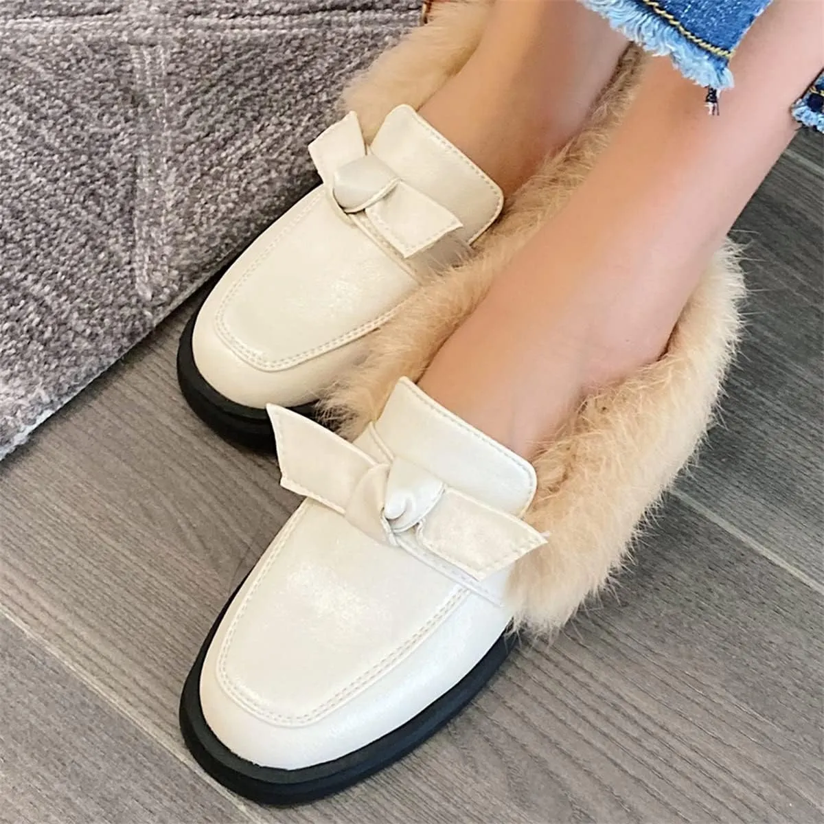 Betastella Women's Low Heel Fur Loafers Platform Chunky Pull On Pumps with Bow