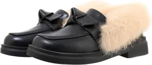 Betastella Women's Low Heel Fur Loafers Platform Chunky Pull On Pumps with Bow
