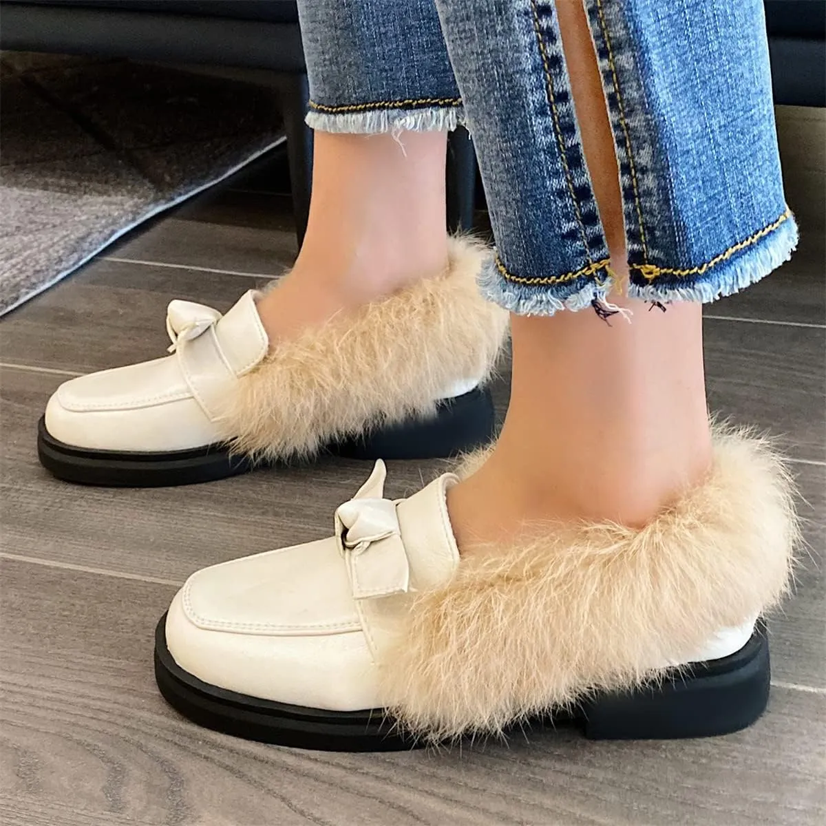 Betastella Women's Low Heel Fur Loafers Platform Chunky Pull On Pumps with Bow