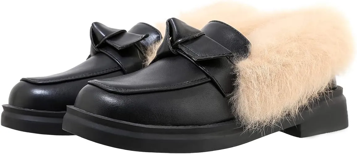 Betastella Women's Low Heel Fur Loafers Platform Chunky Pull On Pumps with Bow