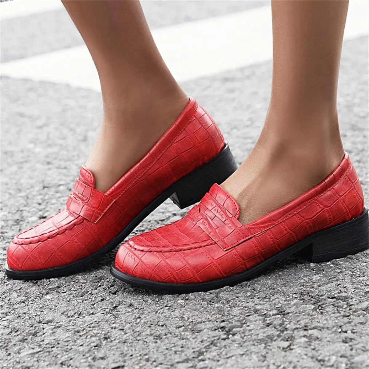 Betastella Women's Low Heel Loafers Chunky Pull On Pumps