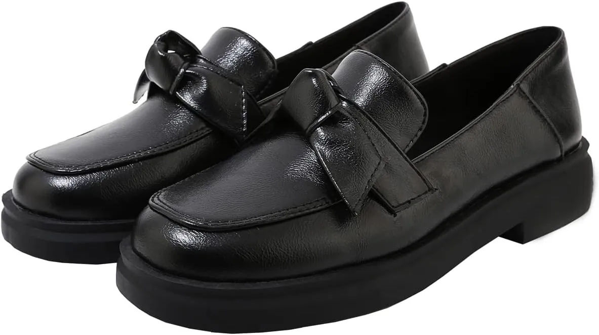 Betastella Women's Low Heel Loafers Platform Chunky Pull On Pumps with Bow