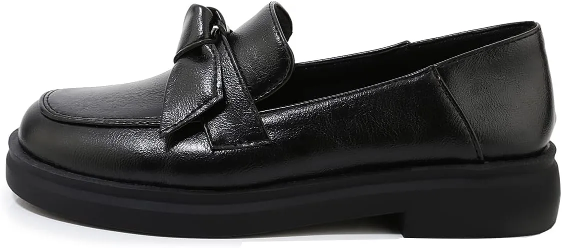 Betastella Women's Low Heel Loafers Platform Chunky Pull On Pumps with Bow