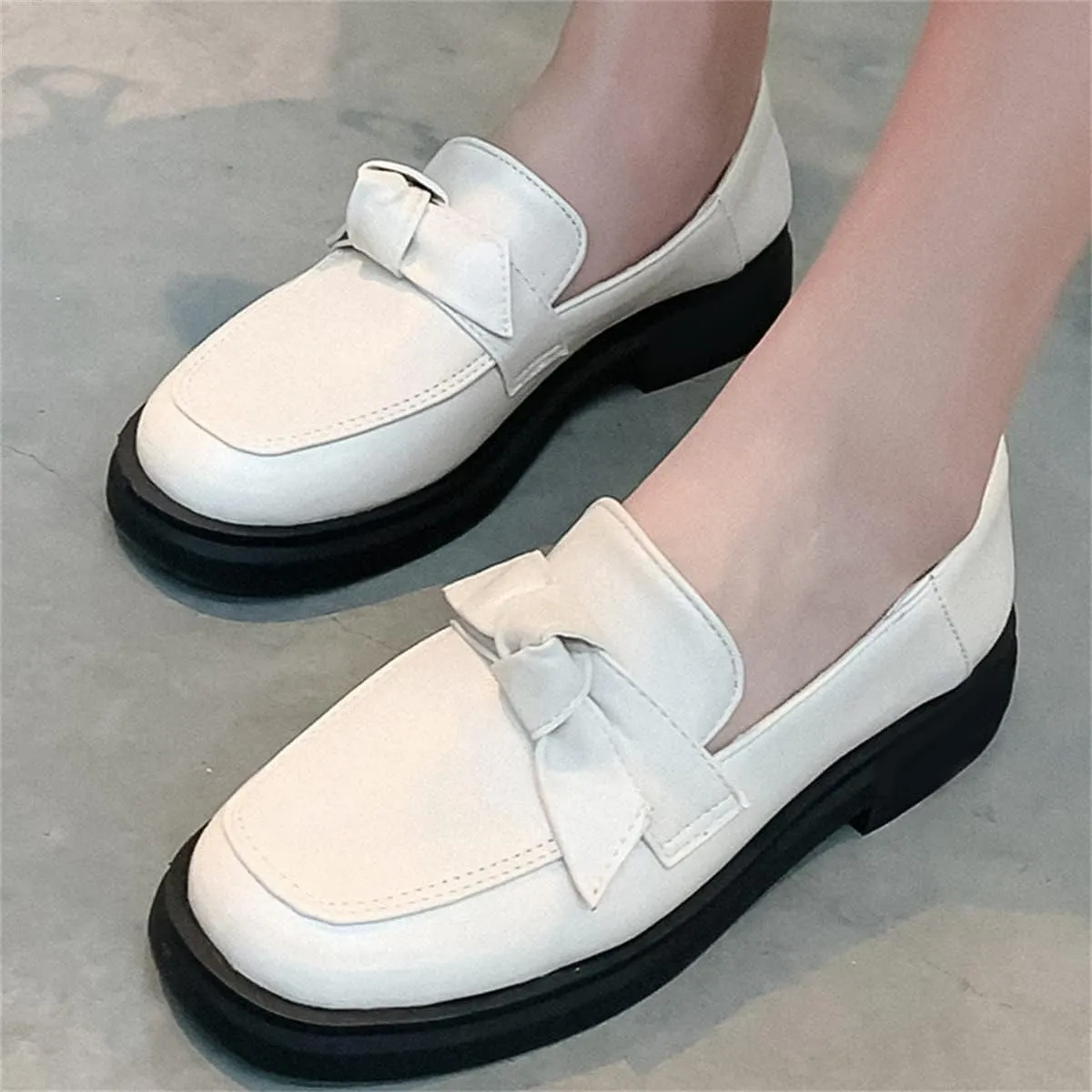 Betastella Women's Low Heel Loafers Platform Chunky Pull On Pumps with Bow