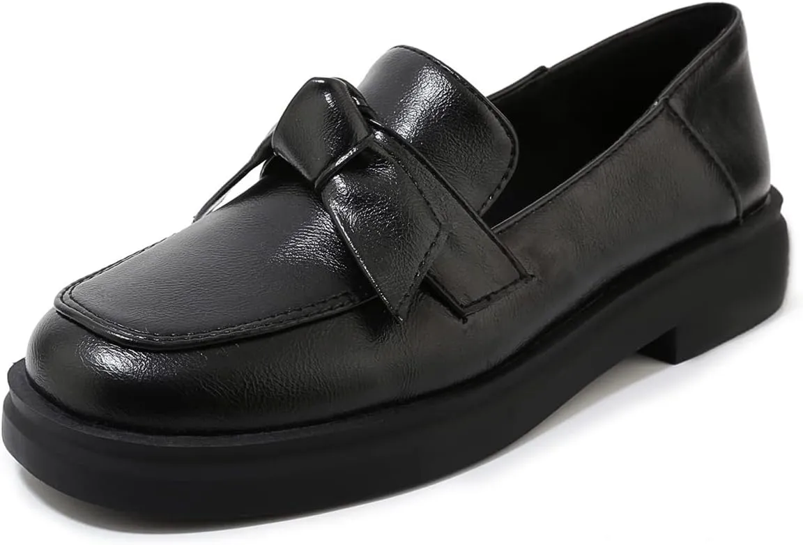 Betastella Women's Low Heel Loafers Platform Chunky Pull On Pumps with Bow