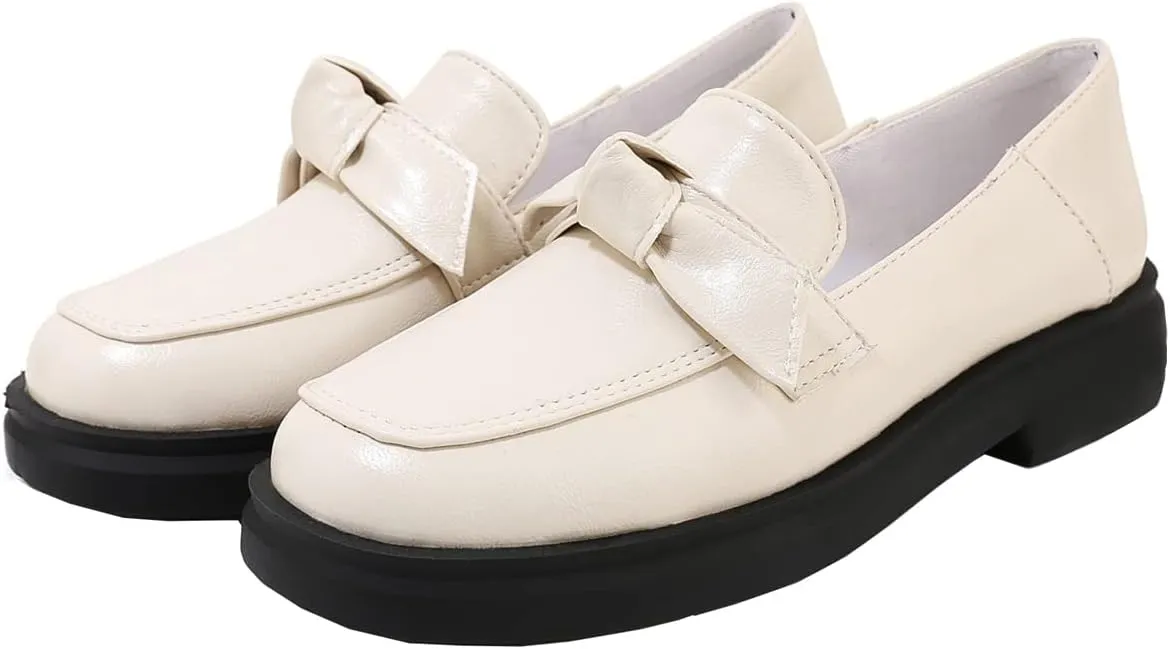 Betastella Women's Low Heel Loafers Platform Chunky Pull On Pumps with Bow