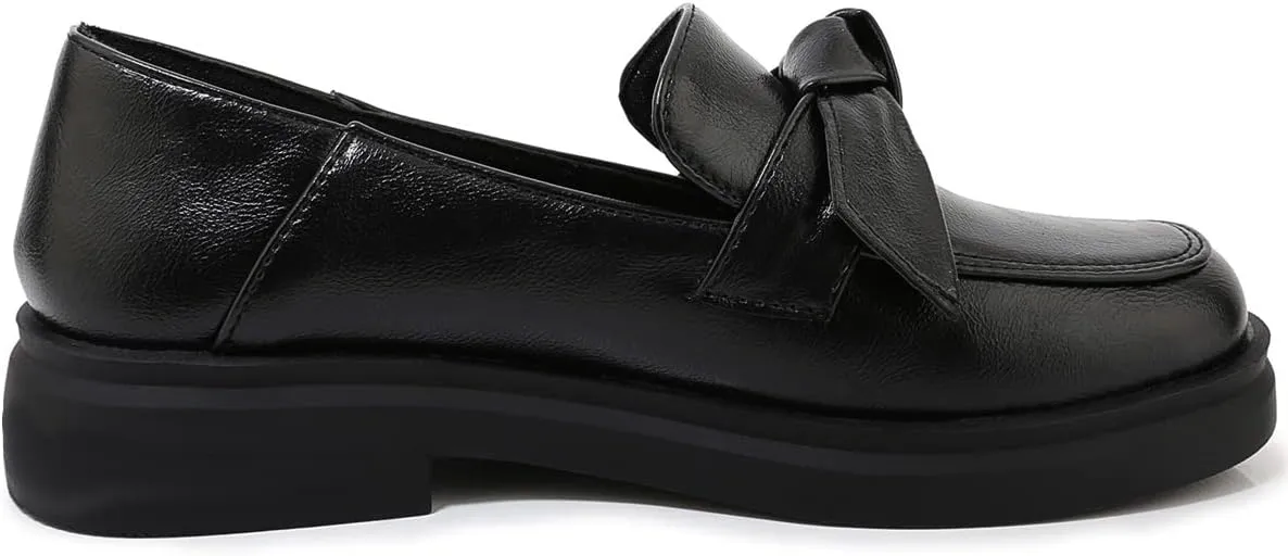 Betastella Women's Low Heel Loafers Platform Chunky Pull On Pumps with Bow