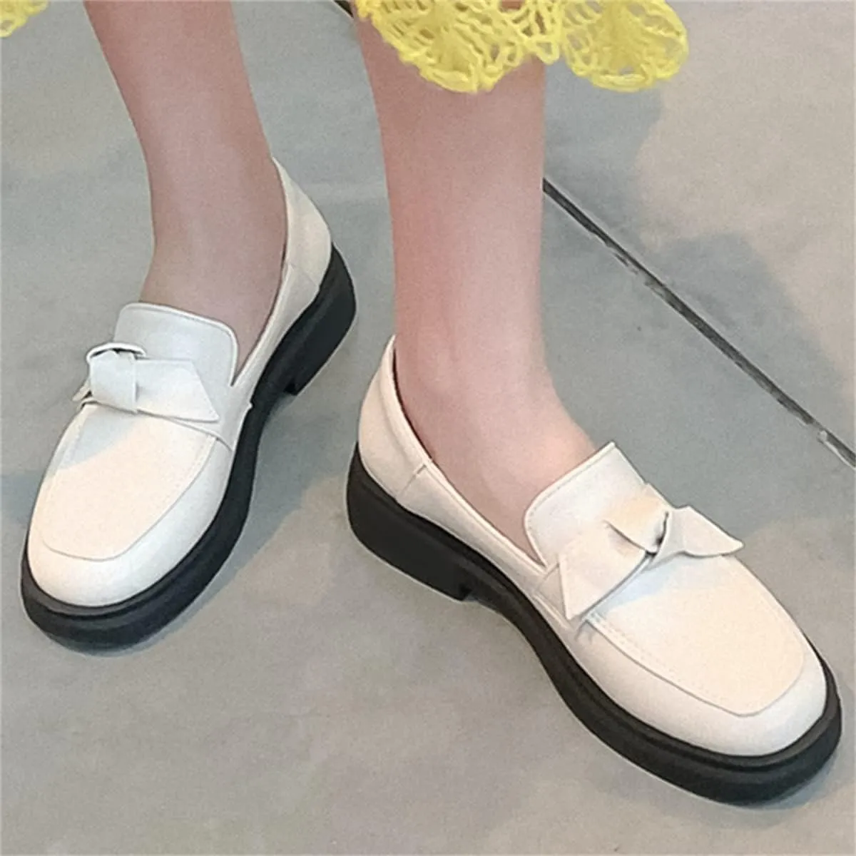 Betastella Women's Low Heel Loafers Platform Chunky Pull On Pumps with Bow