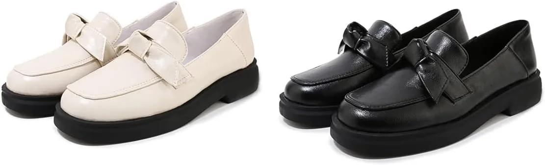 Betastella Women's Low Heel Loafers Platform Chunky Pull On Pumps with Bow