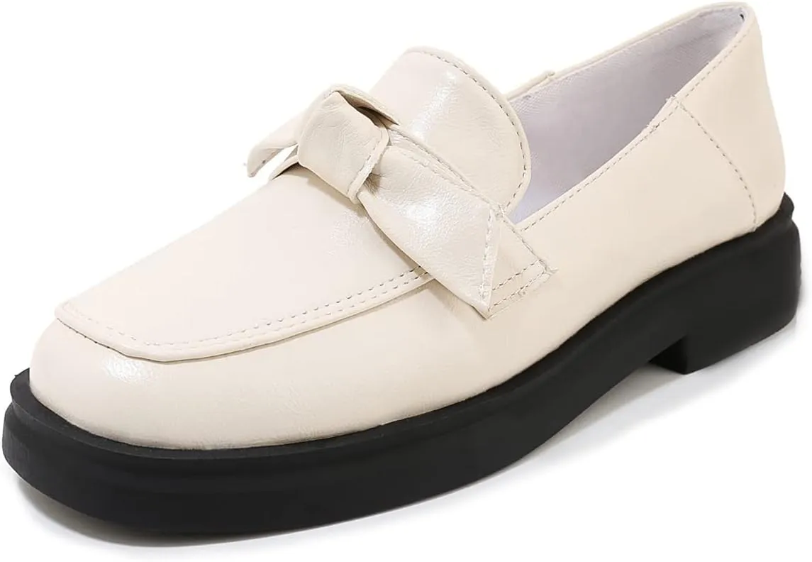 Betastella Women's Low Heel Loafers Platform Chunky Pull On Pumps with Bow