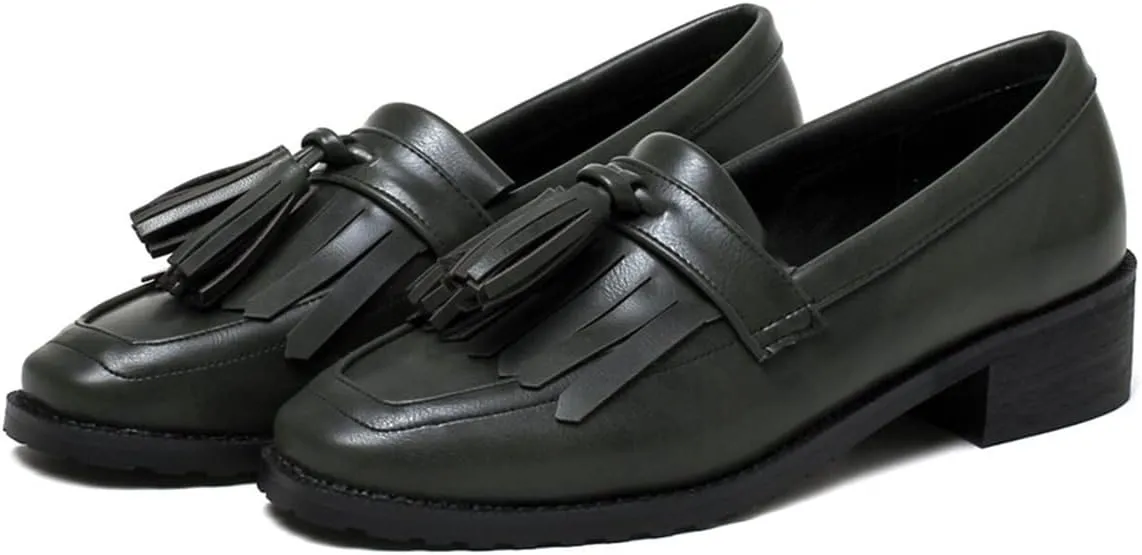 Betastella Women's Low Heel Tassel Loafers Chunky Pull On Square Toe Pumps