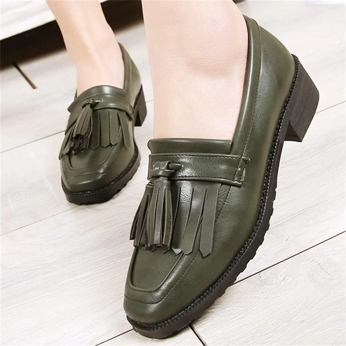 Betastella Women's Low Heel Tassel Loafers Chunky Pull On Square Toe Pumps