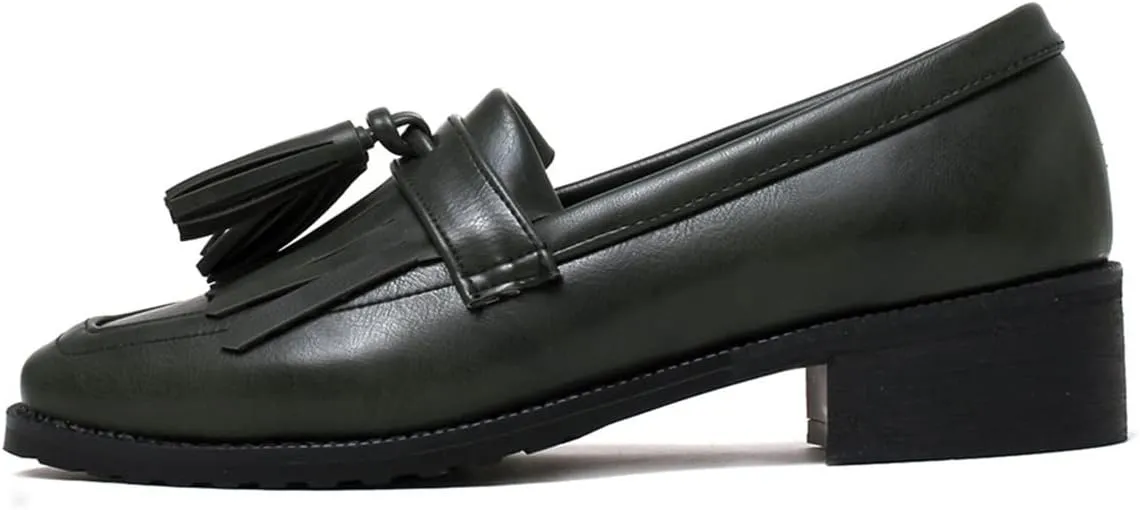 Betastella Women's Low Heel Tassel Loafers Chunky Pull On Square Toe Pumps