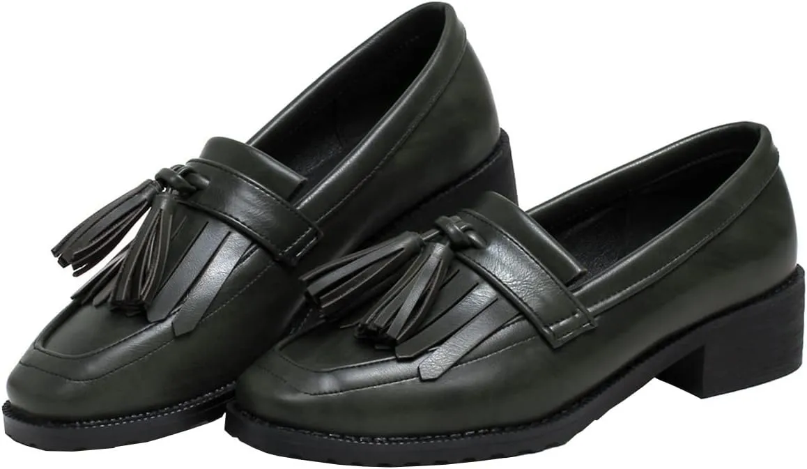 Betastella Women's Low Heel Tassel Loafers Chunky Pull On Square Toe Pumps