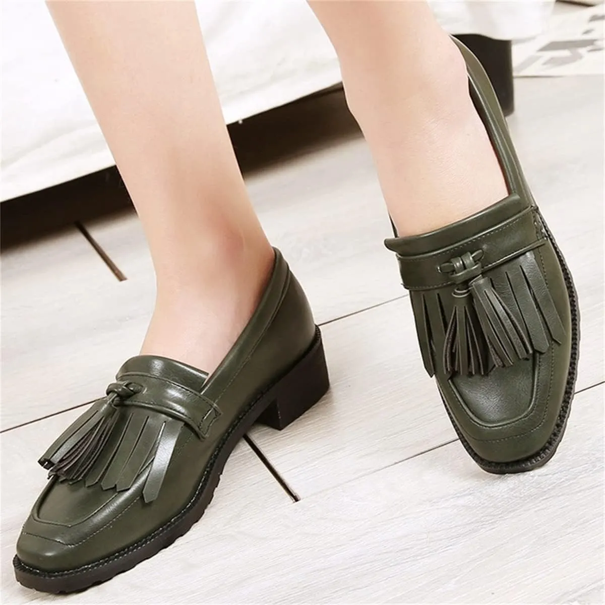 Betastella Women's Low Heel Tassel Loafers Chunky Pull On Square Toe Pumps