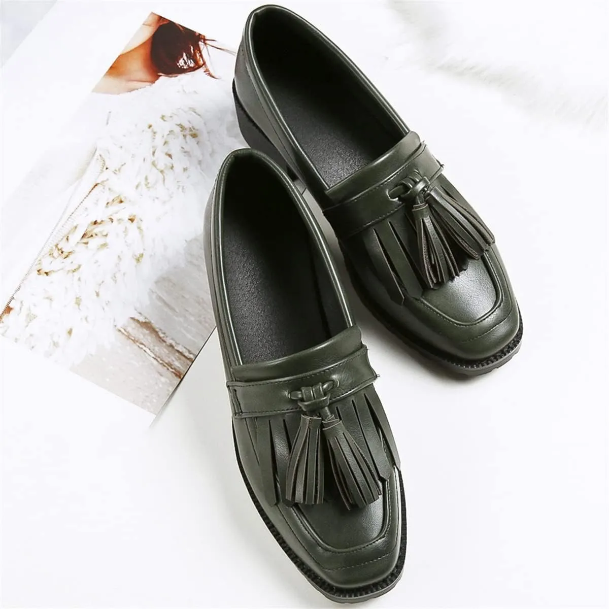 Betastella Women's Low Heel Tassel Loafers Chunky Pull On Square Toe Pumps