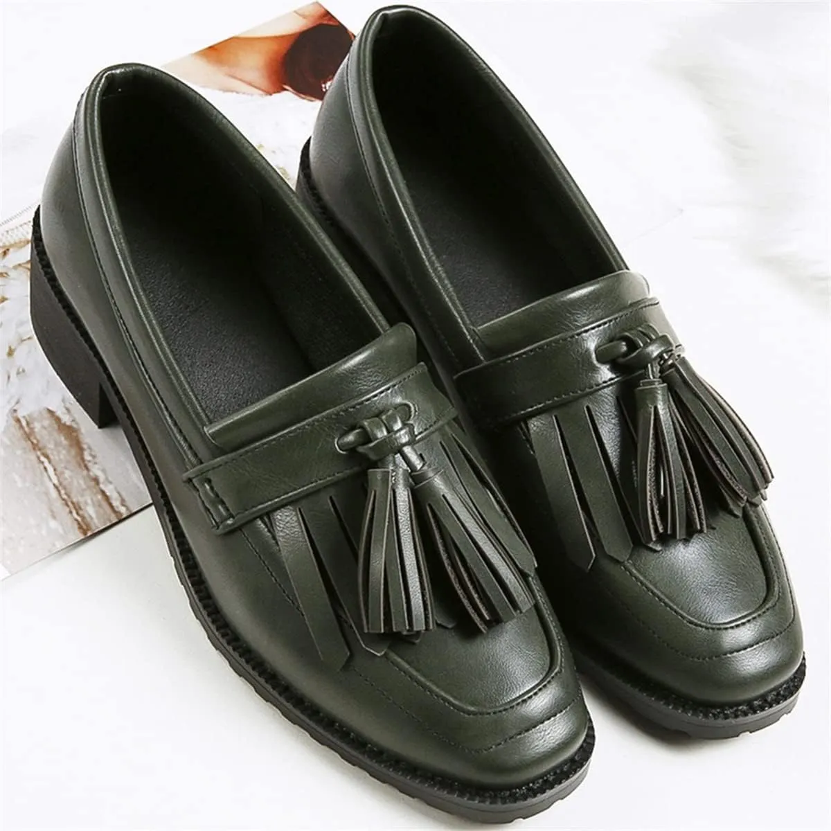 Betastella Women's Low Heel Tassel Loafers Chunky Pull On Square Toe Pumps