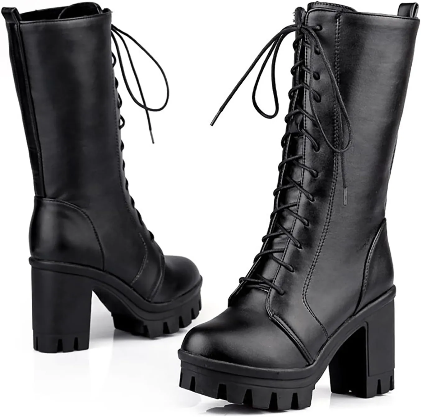 Black Boots For Women Women's Gothic Platform Thick High Heels Boots Villi Inner Layer Mid Calf Lace Up Casual Boots