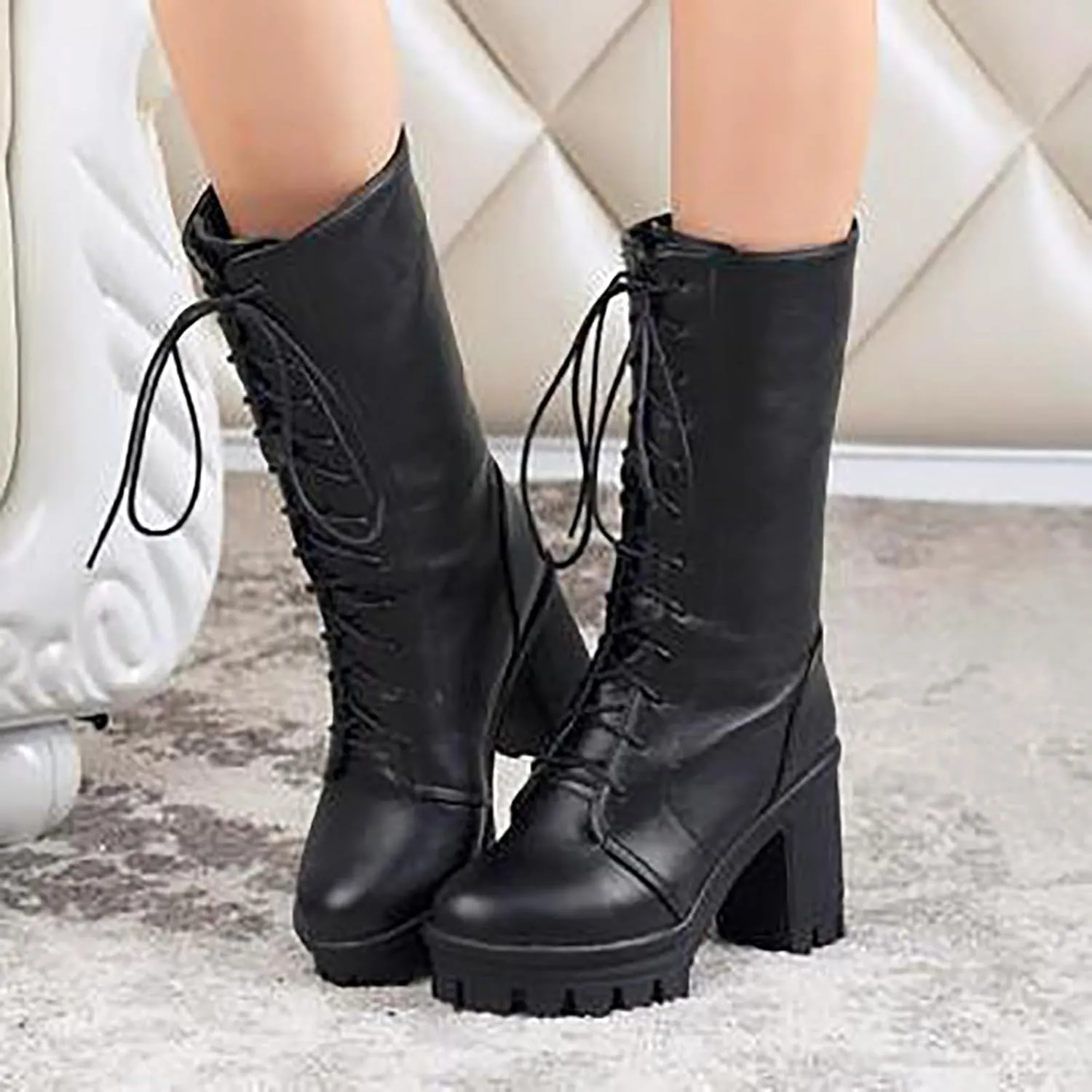 Black Boots For Women Women's Gothic Platform Thick High Heels Boots Villi Inner Layer Mid Calf Lace Up Casual Boots